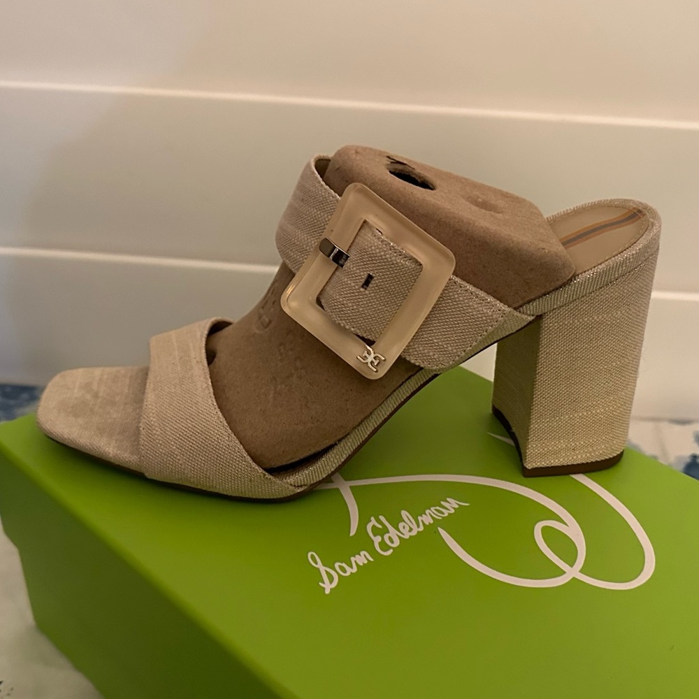 Sam Edelman “Dalton” Sand color linen 2 strap mules with buckle